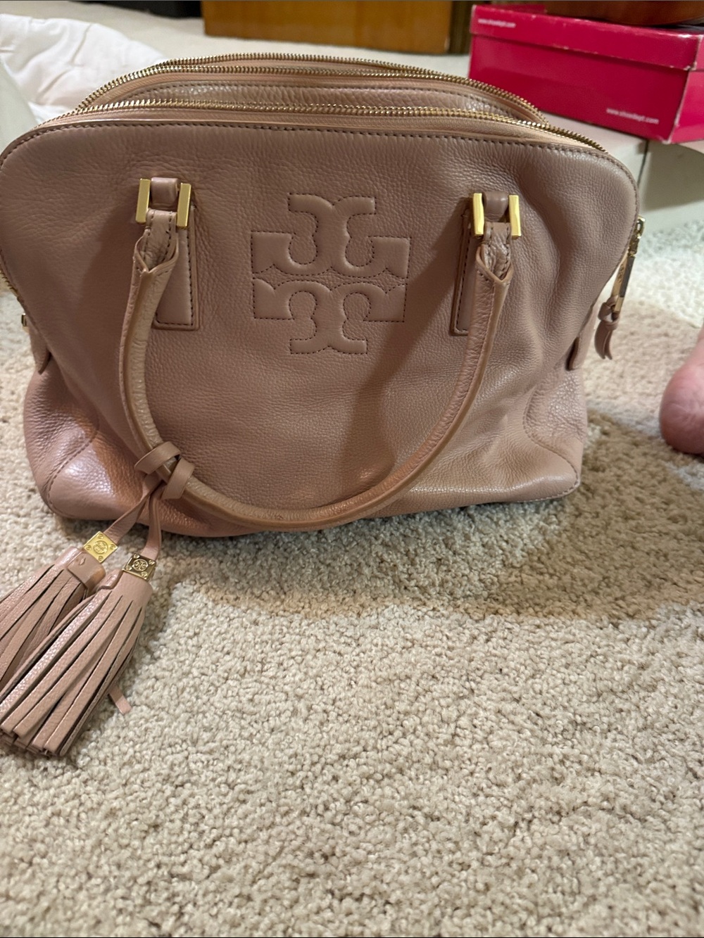 Tory Burch Dusty Pink Pebbled Leather Double-Zip Satchel
